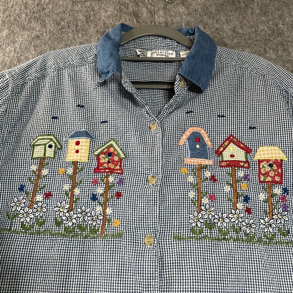 Studio Collection Shirt Womens Plus 20W Blue Check Embroidered Garden Grannycore
